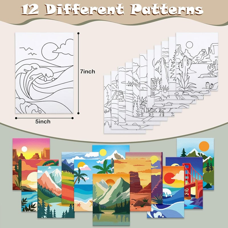 Anseal 12 Packs Pre Drawn Canvas to Paint for Adults, Pre Printed Canvas for Kids, Pre Stretched Canvas Outline Painting Boards for Beginners, Students, Party Favor (5 * 7 inch, Landscape) - Image 2